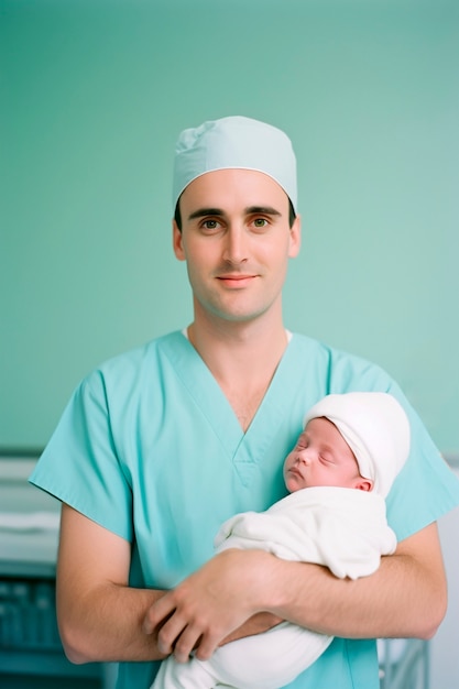 Free photo front view male nurse holding baby
