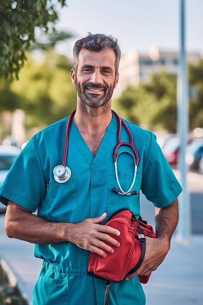 Free photo front view male nurse outdoors