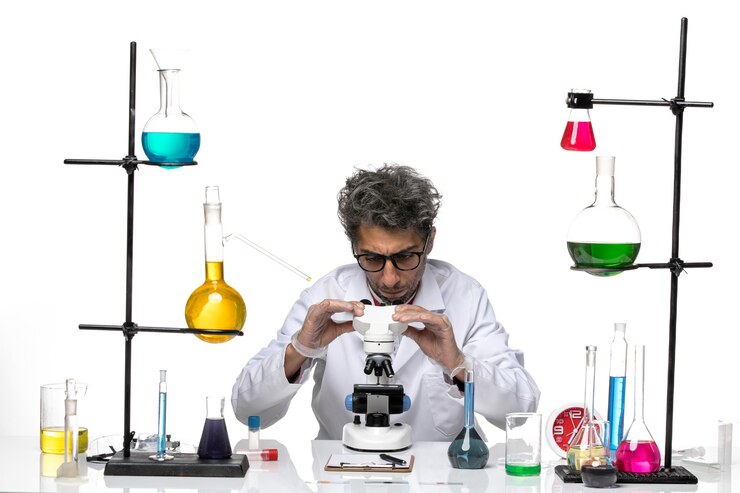 Free Photo front view male scientist in white medical suit using microscope