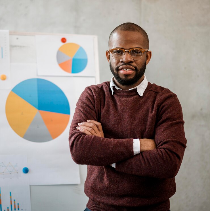 Free Photo front view of man doing a presentation during a meeting