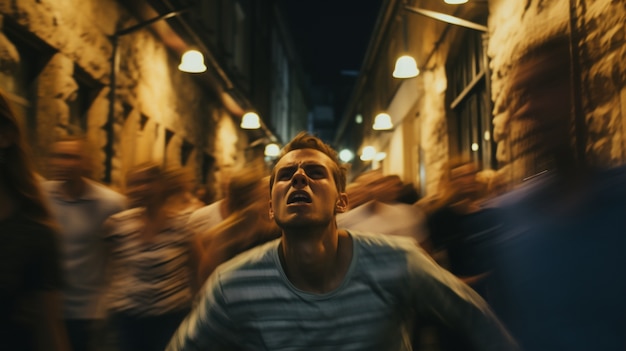 Front view man experiencing anxiety in a crowd