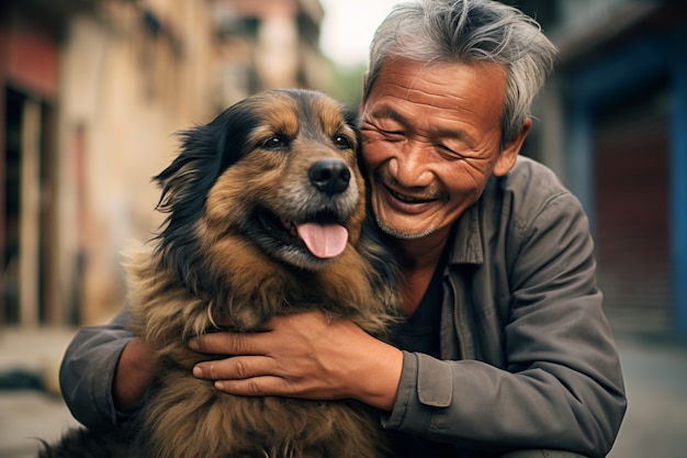 Free photo front view man holding dog