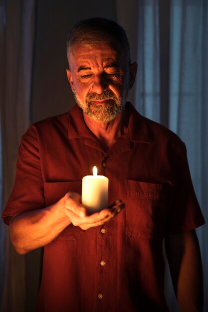 Front view man holding lit candle