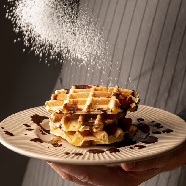 Front view of man holding plate of waffles and coating them with powdered sugar