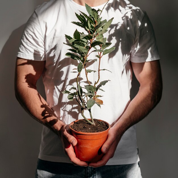 Front view of man holding pot with plant