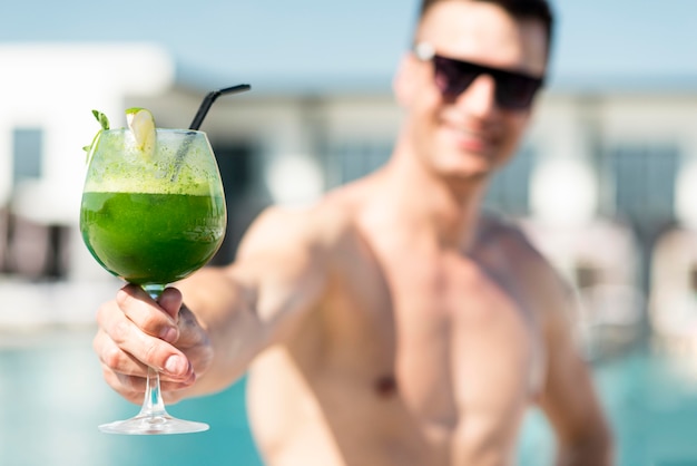 Free photo front view of man at pool