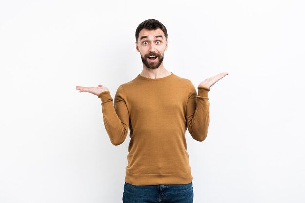 Front view of man posing surprised