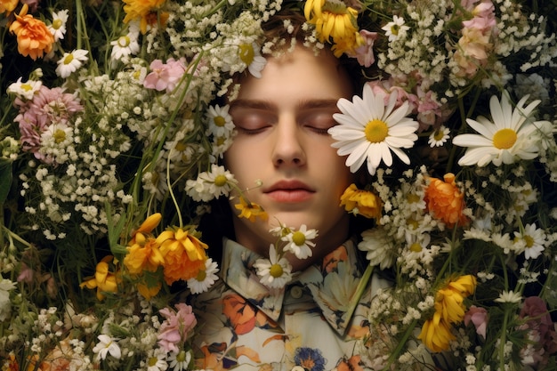 Free photo front view man posing with flowers