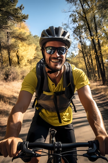 Foto gratuita uomo di vista frontale che guida la bici all'aperto