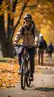 Foto gratuita uomo di vista frontale che guida la bici all'aperto