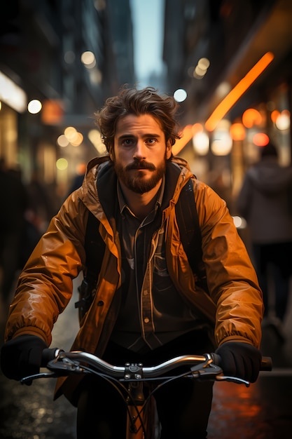 Front view man riding bike outdoors