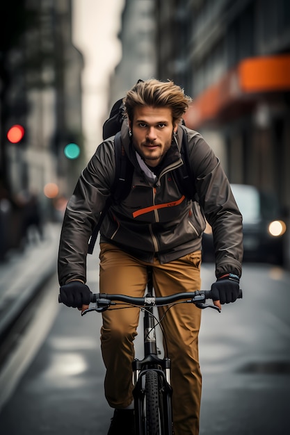 Free photo front view man riding bike outdoors