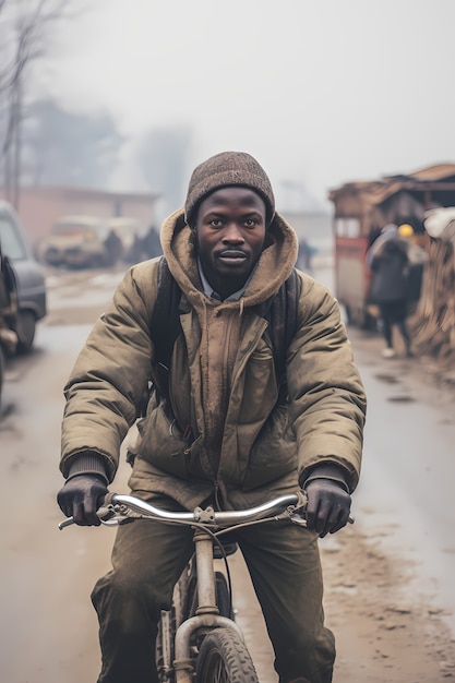 Free photo front view man riding bike outdoors