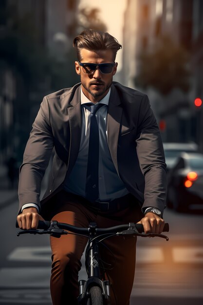 Front view man riding bike outdoors