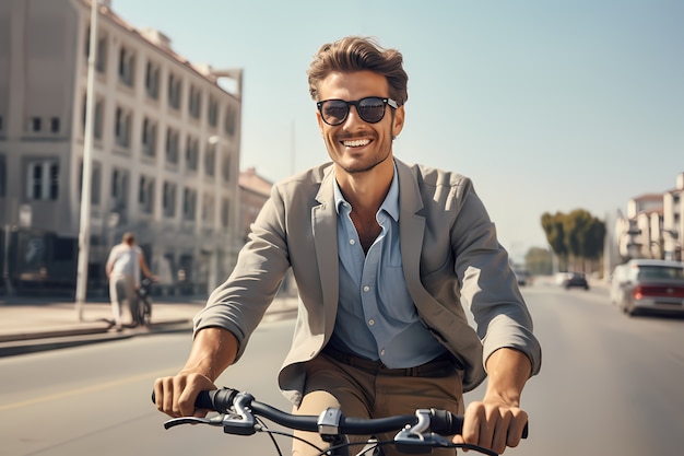 Free photo front view man riding bike outdoors