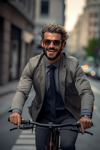 Front view man riding bike outdoors