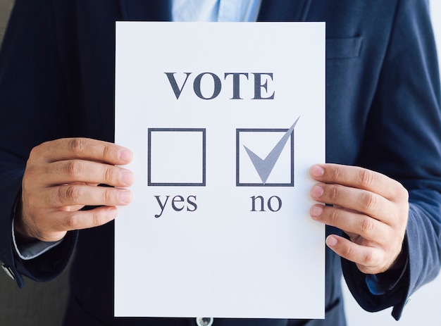 Front view man showing his negative choice for the referendum