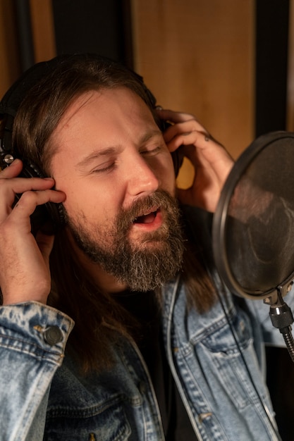 Free photo front view man singing in studio