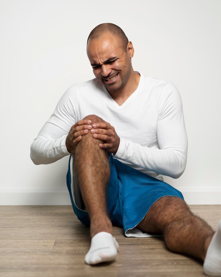 Free Photo front view of man suffering from knee pain