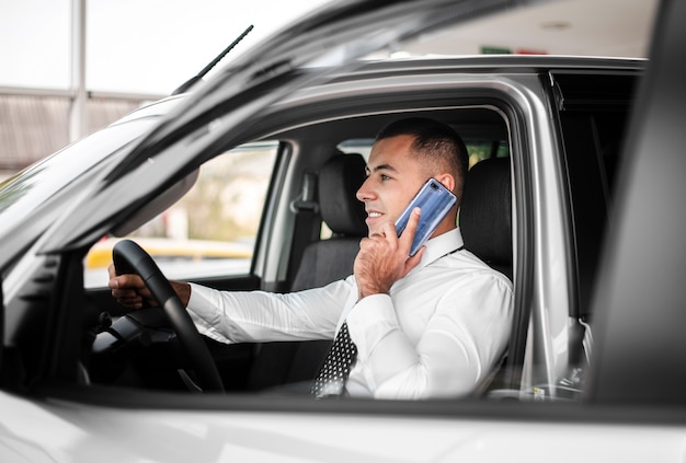 Front view man talking over phone