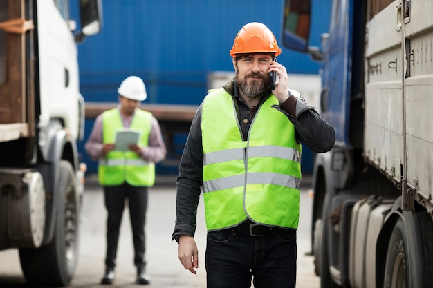 Front view man talking on phone