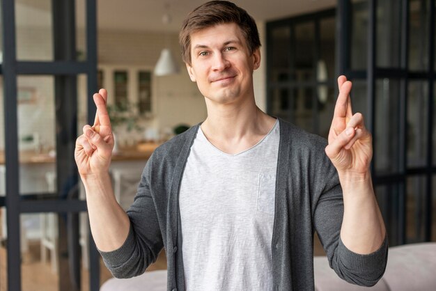 Front view of man using sign language