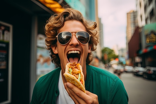 Foto gratuita uomo di vista anteriore con un delizioso taco