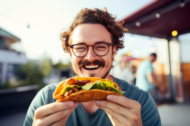 Front view man with delicious taco