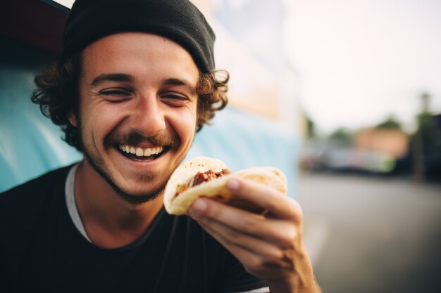 Free photo front view man with delicious taco