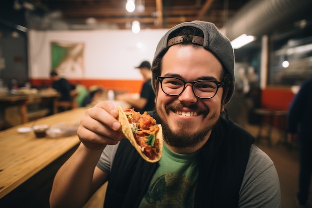 Foto gratuita uomo di vista anteriore con un delizioso taco