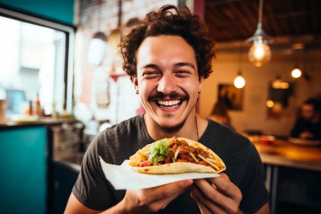 Foto gratuita uomo di vista anteriore con un delizioso taco