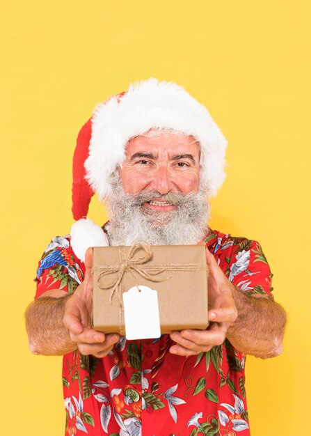 Front view of man with tropical shirt and copy space