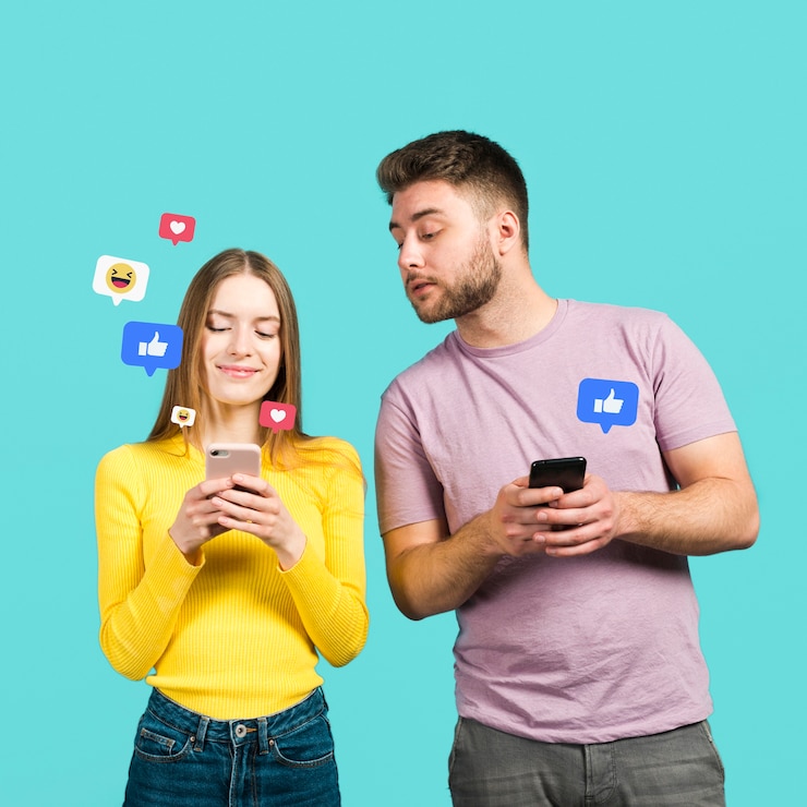 Free Photo front view of man and woman looking at application reactions