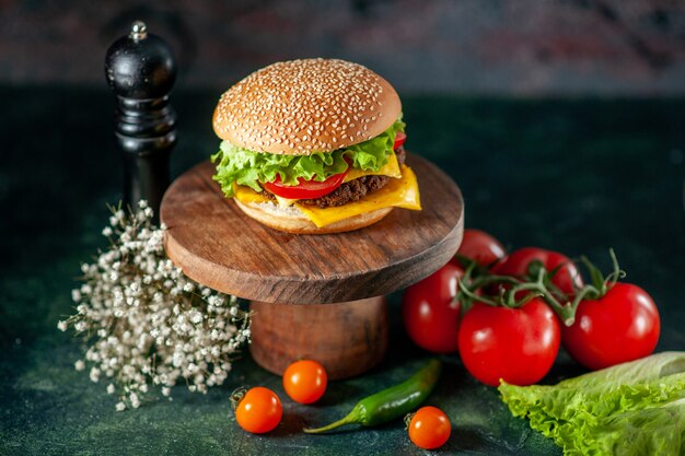 front view meat hamburger with tomatoes on dark background