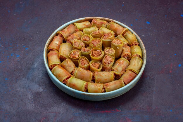 Front view meat rolls rolled with vegetables inside pan on the dark surface meat dinner food meal vegetable