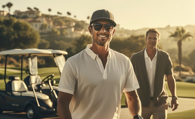 Front view  men playing golf in nature
