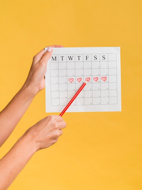 Вид спереди менструального календаря с сердечками и карандашом