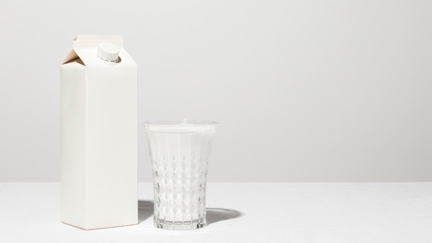 Front view of milk carton with full glass and copy space