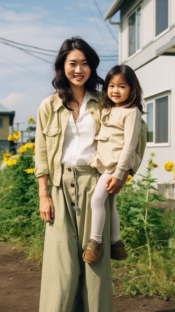 屋外の正面図の母と子