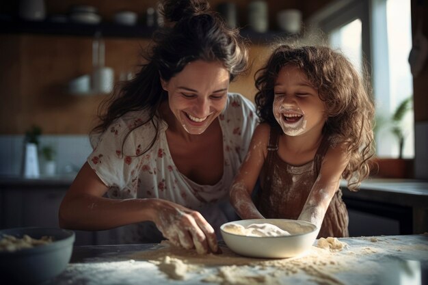 Front view mother and girl cooking