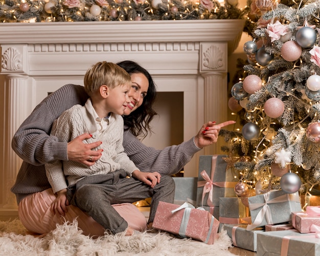 Front view of mother and son on christmas