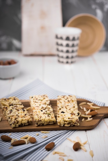 Front view of muesli bar on cutboard