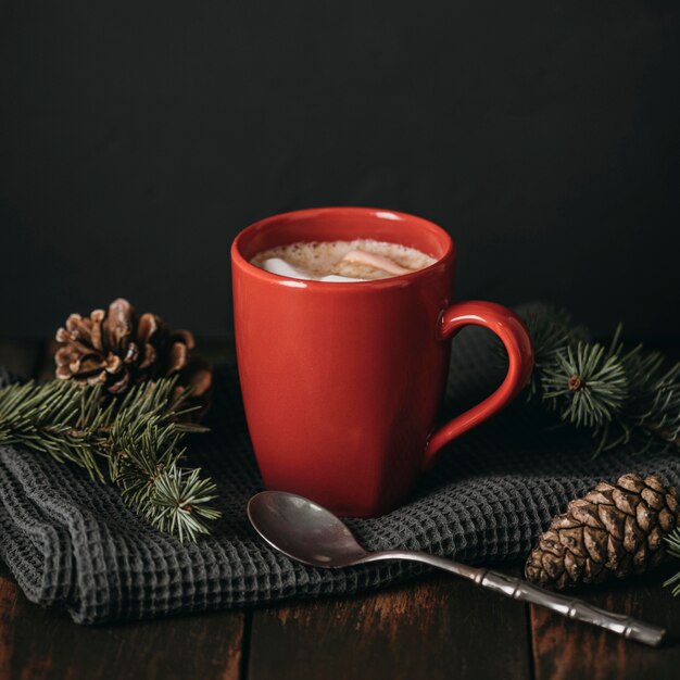 Front view mug with hot chocolate and pine cones