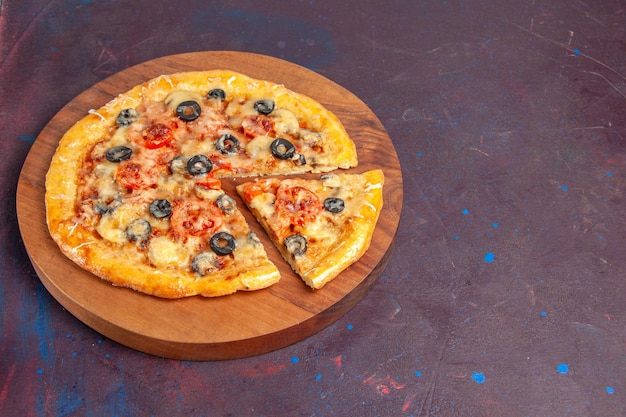 Front view mushroom pizza sliced cooked dough with cheese and olives on dark surface food italian meal pizza dough