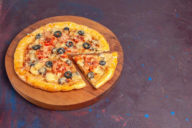 Front view mushroom pizza sliced cooked dough with cheese and olives on dark surface food italian meal pizza dough