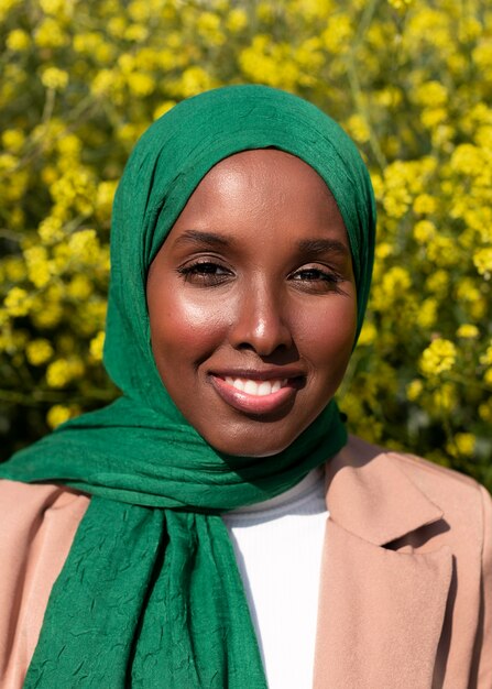 Front view muslim woman posing outdoors