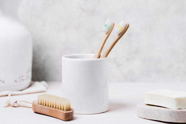 Front view natural hair brush and oral hygiene