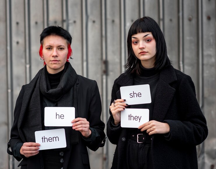 मुफ़्त फोटो front view non binary people holding pronouns cards