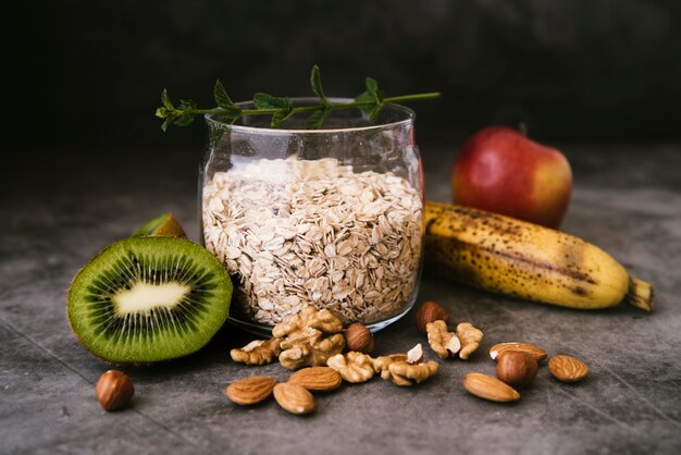 Front view oats and fruit breakfast