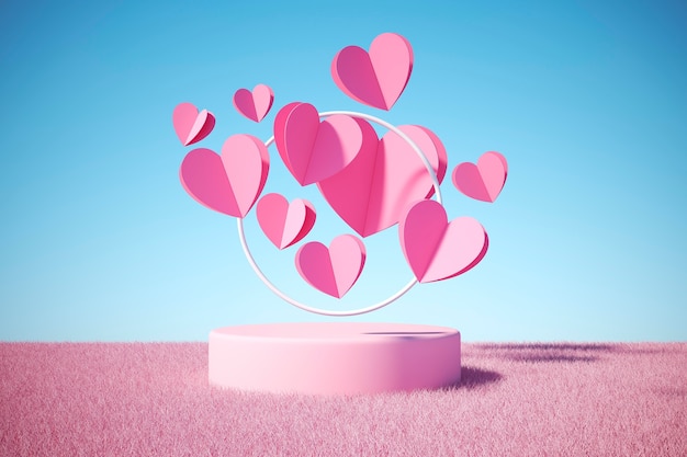 Бесплатное фото Вид спереди на множество розовых сердечек с круглым подиумом